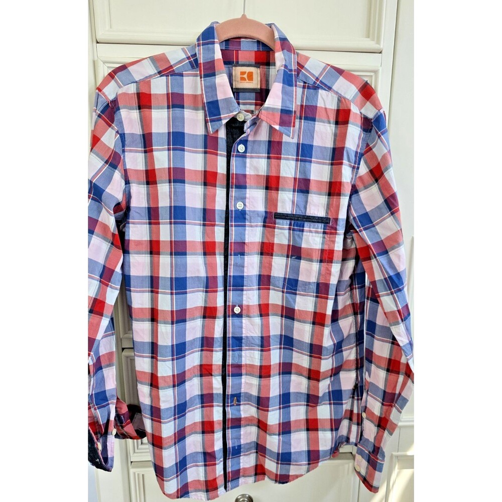BOSS Orange Red White Blue Check Button Shirt w Contrasting Cuffs Size L